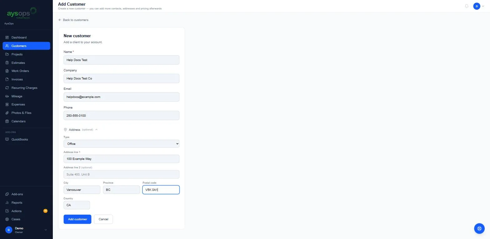 The New customer form with the address open