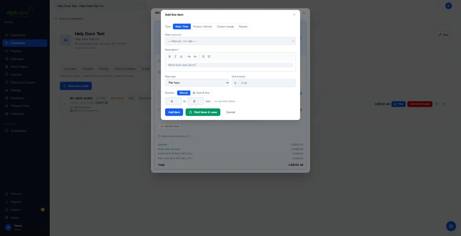 Add line item on a work order, Rate / Time