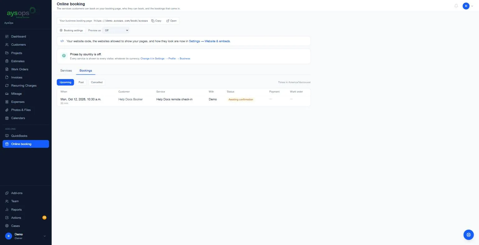 The Bookings tab