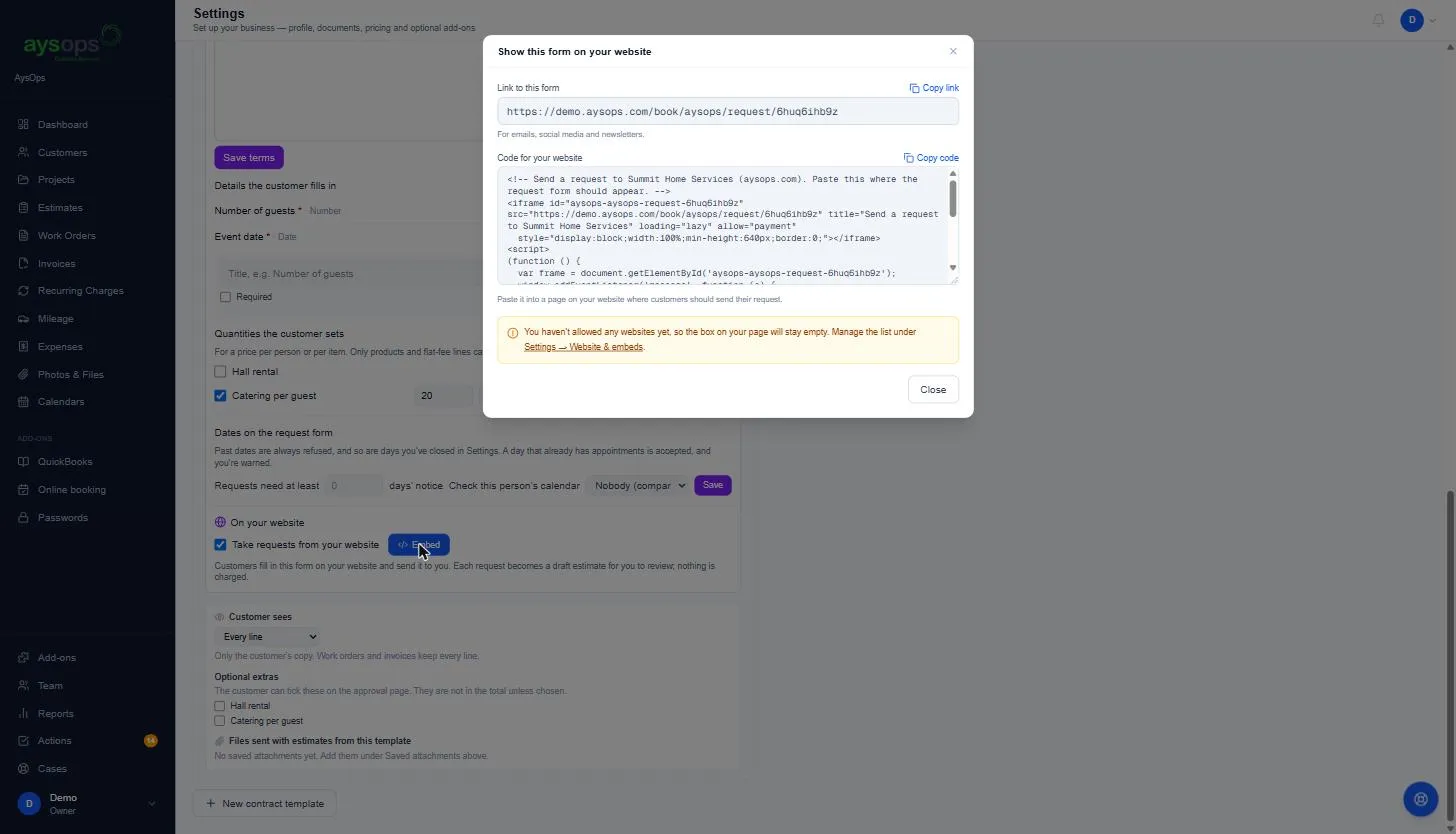 The Embed window with the link and the code