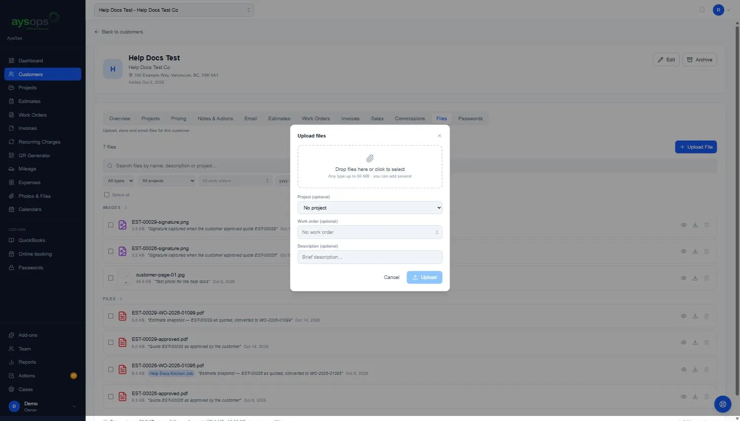 The Upload files window