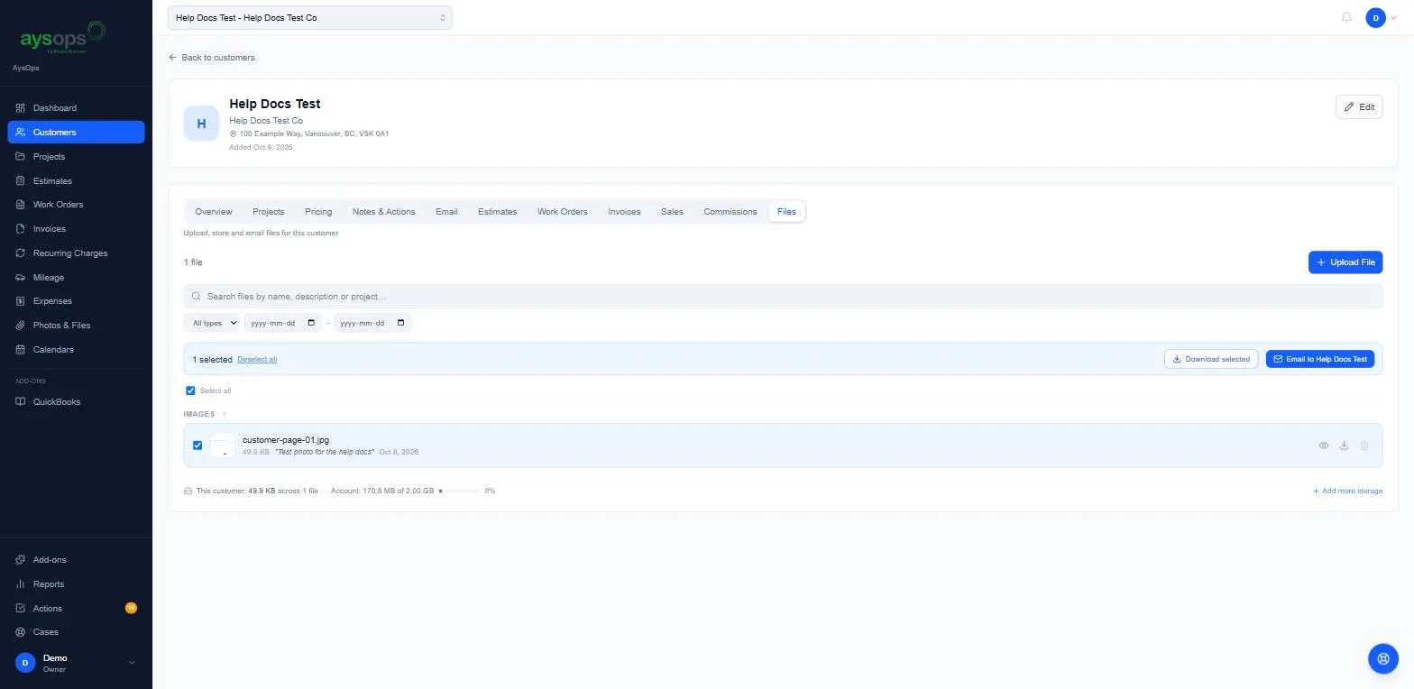 Files selected, with Download selected and Email to customer