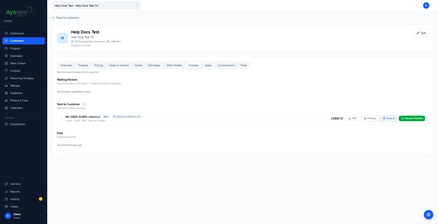 A customer’s Invoices tab