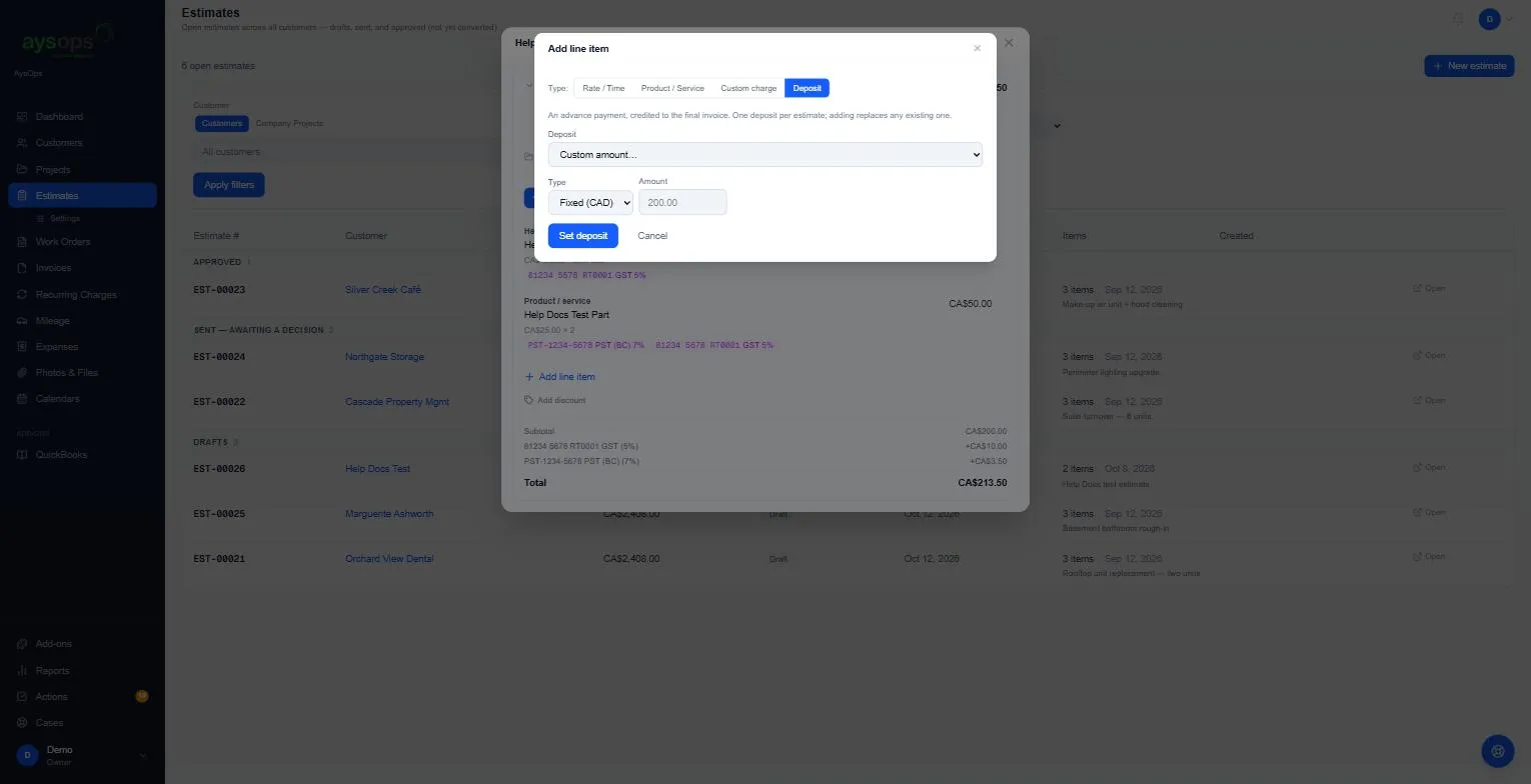 The Deposit tab of Add line item