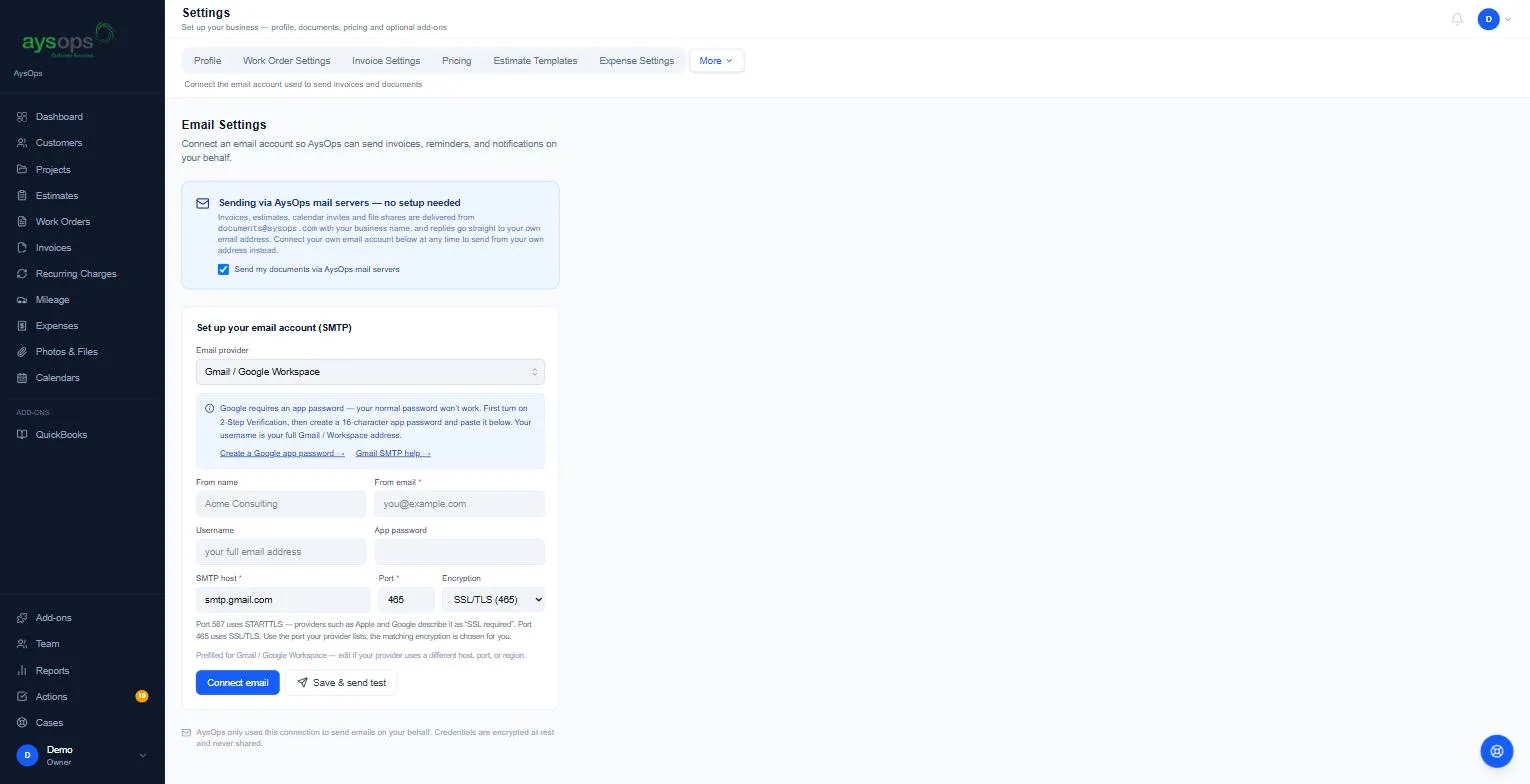 The Email settings page
