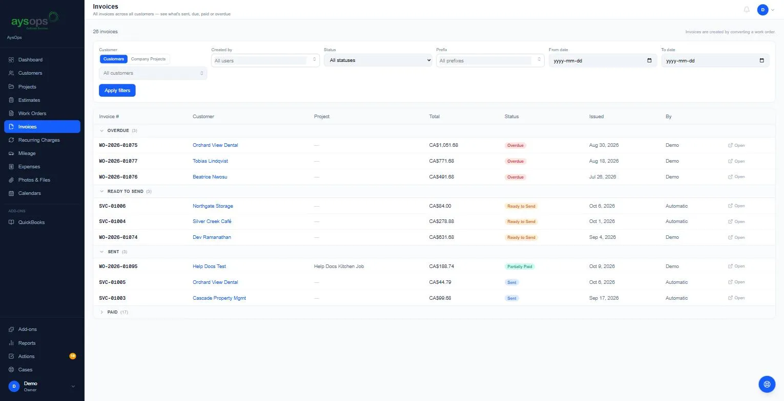 The Invoices page
