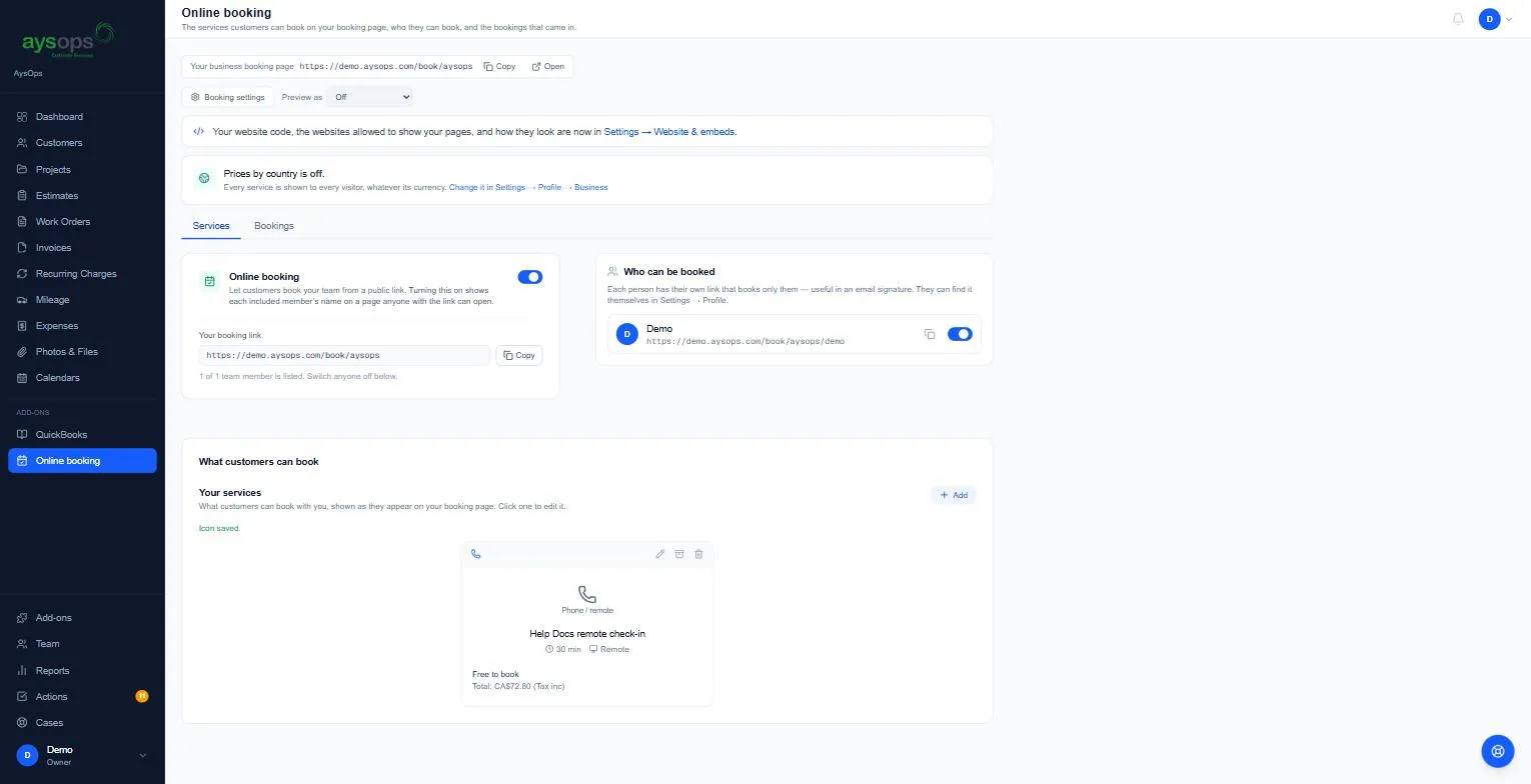 Booking switched on, with the booking link