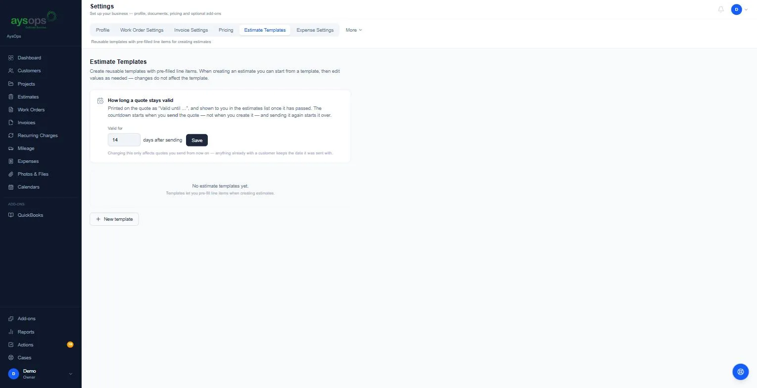Settings, Estimate Templates