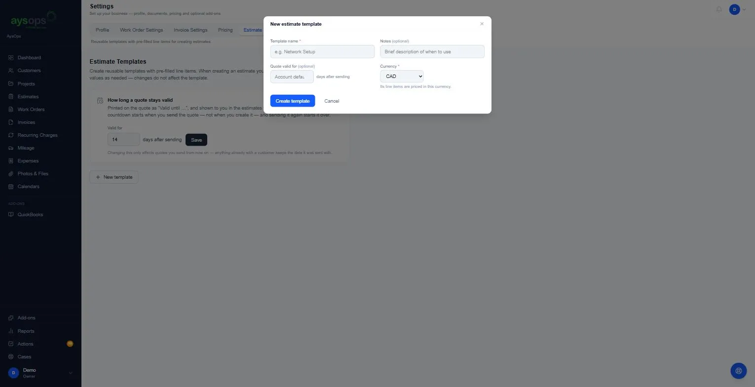 The New estimate template form
