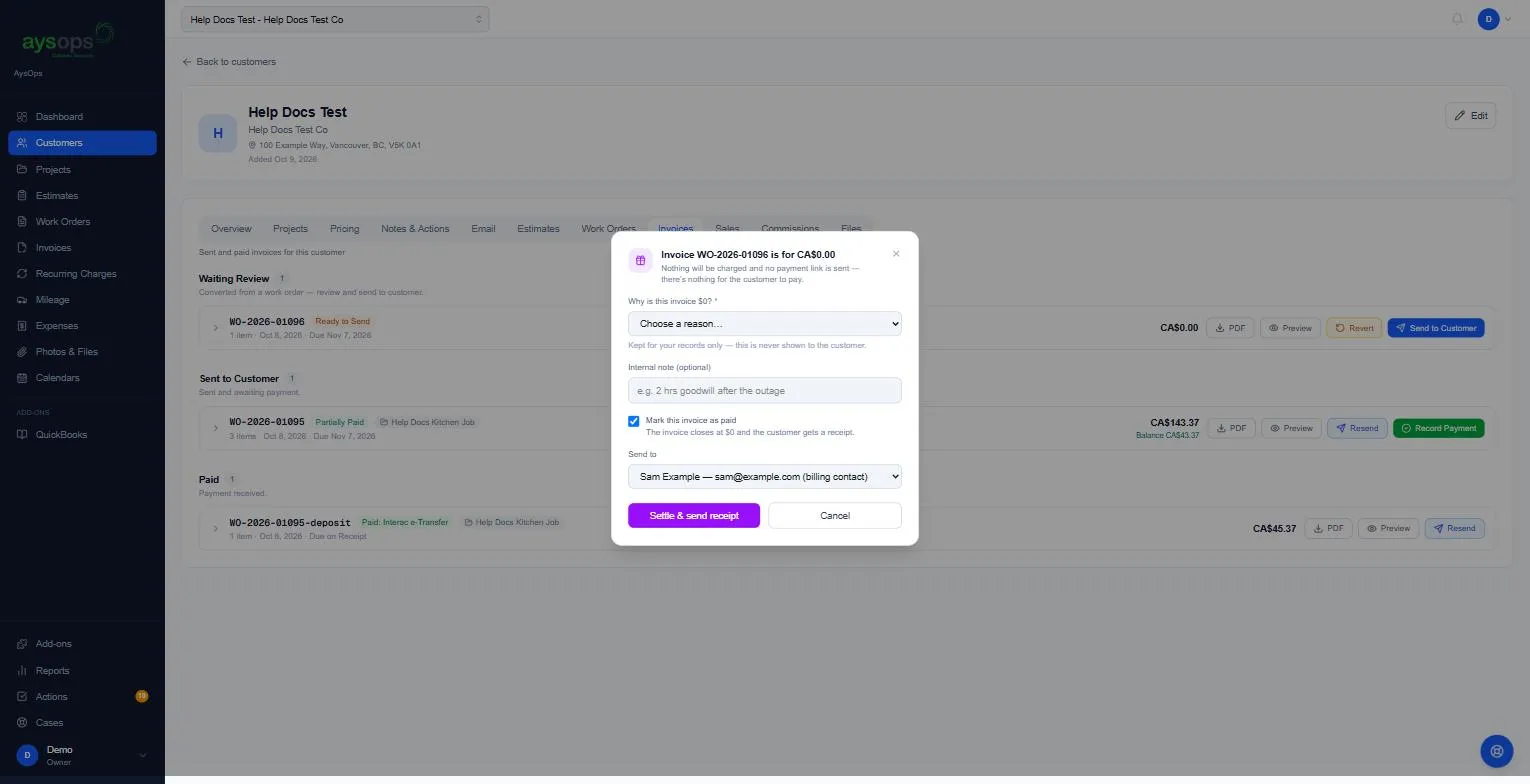 Settling a CA$0.00 invoice